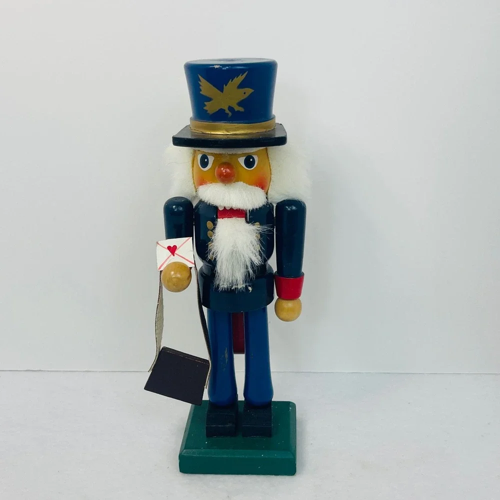 Vintage Wooden Mailman Nutcracker Postman with Letter and Mail Bag 10 Inch Blue
